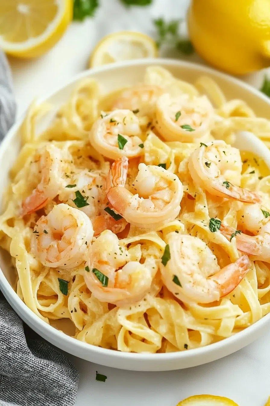A plate of lemony pasta topped with perfectly cooked shrimp and a sprinkle of parmesan.
