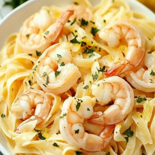 Close-up of tender shrimp and pasta strands in a creamy lemon sauce.