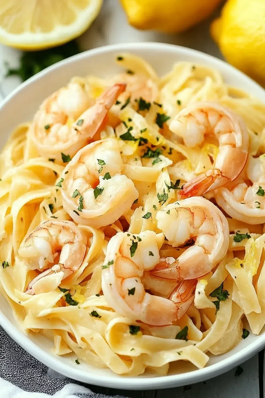 Close-up of tender shrimp and pasta strands in a creamy lemon sauce.