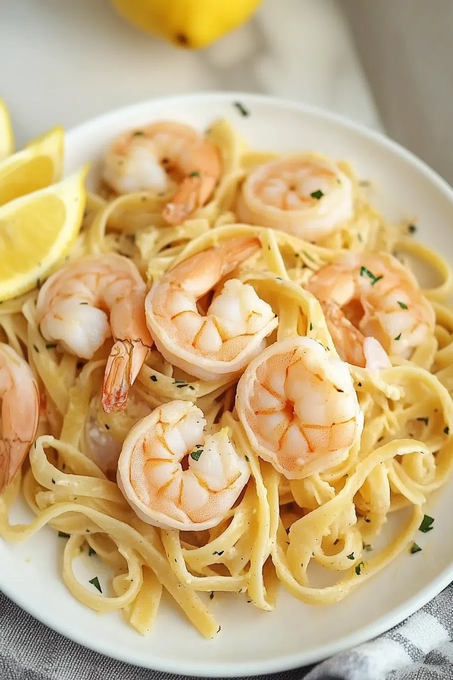 A serving of shrimp pasta with a fresh lemon garnish on a white plate.