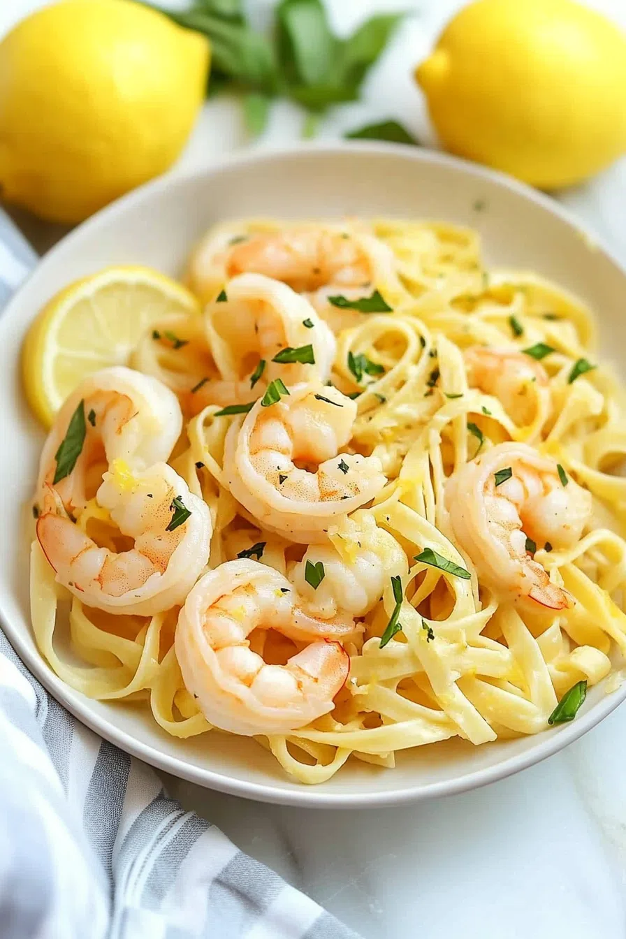 Overhead shot of a pasta dish with shrimp and a drizzle of lemon dressing.