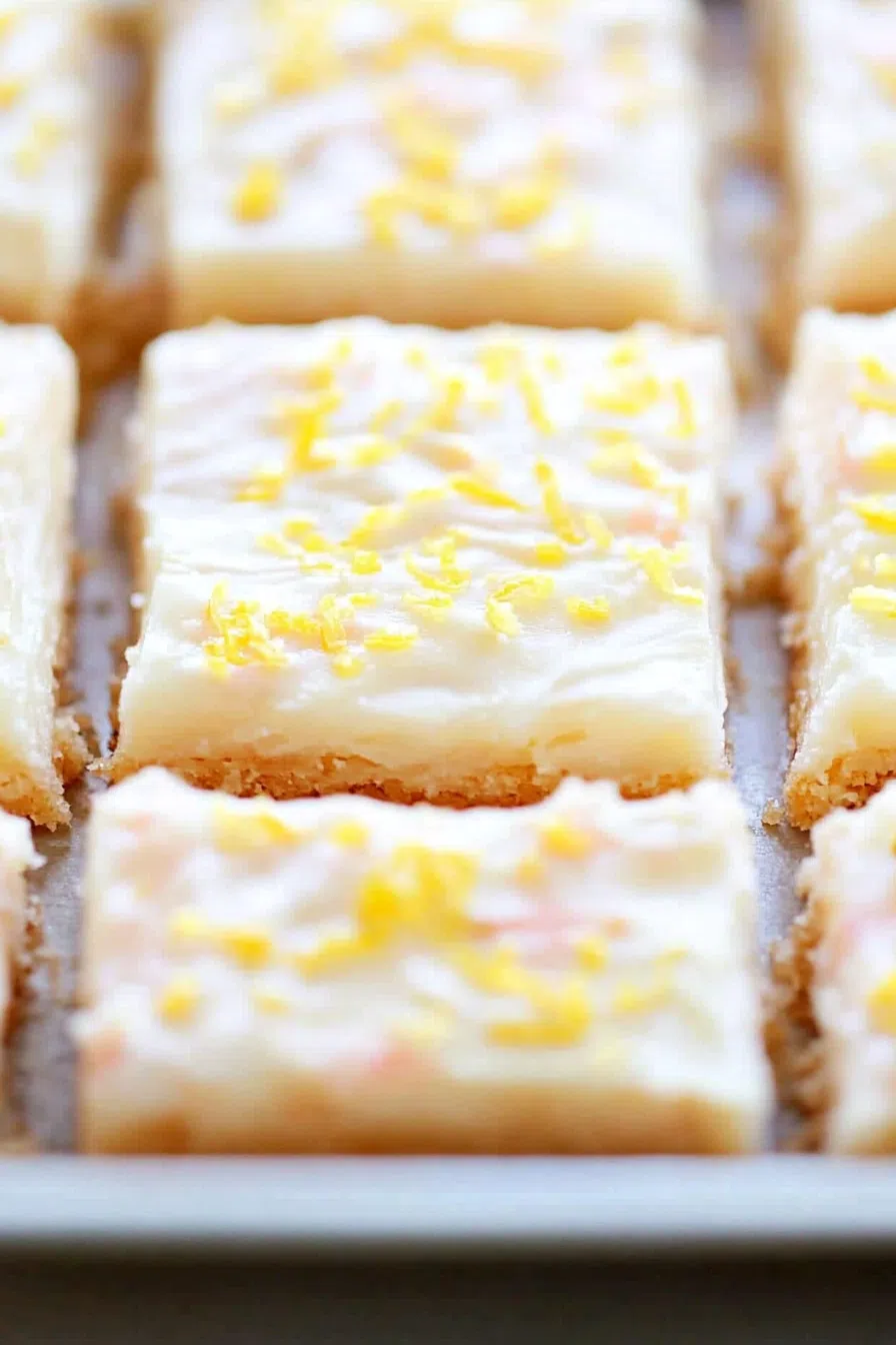 Overhead shot of dessert bars arranged on a serving plate with a few crumbs around.