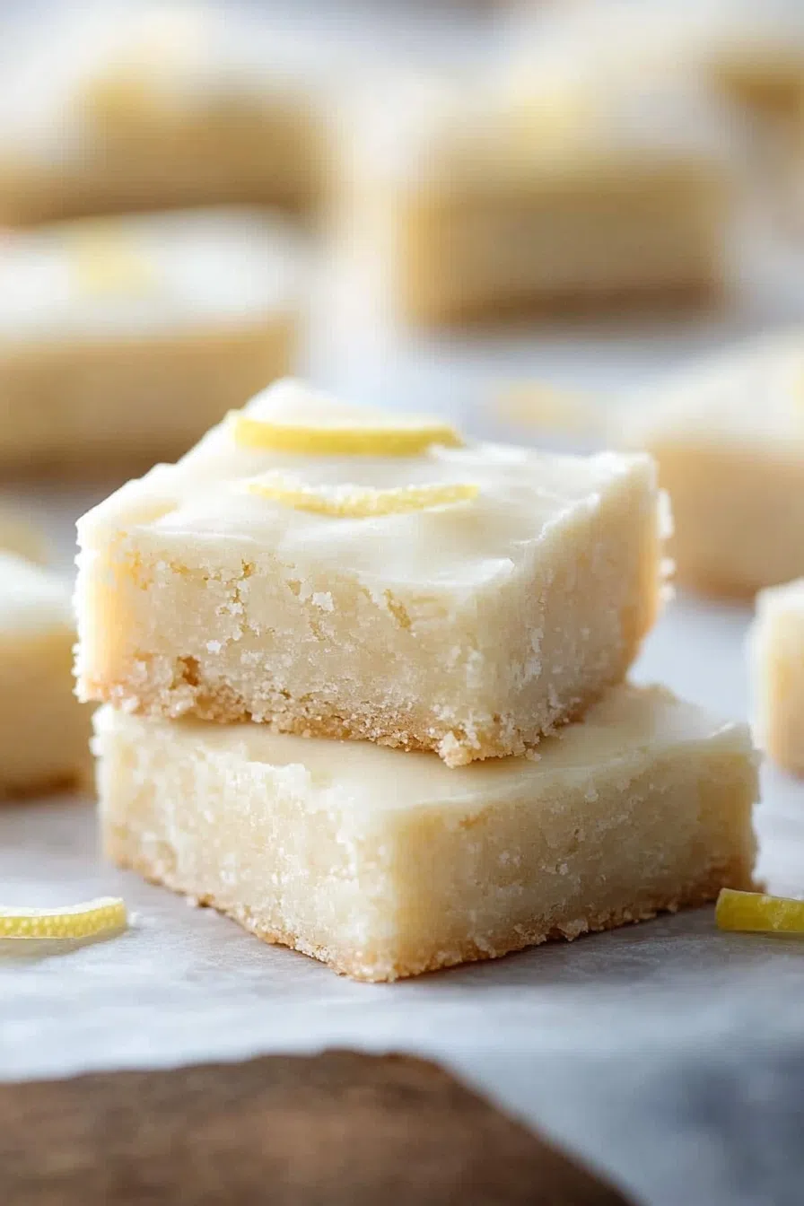 A stack of frosted dessert bars on a white plate, with lemon slices in the background.