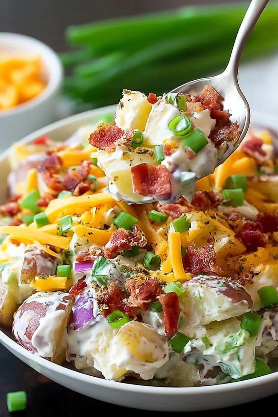 Spoonful lifted from a textured salad packed with savory mix-ins.