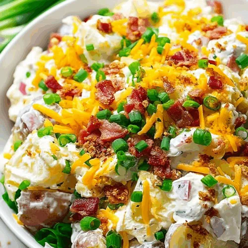 Close-up of a creamy potato mixture with bacon and green onions.