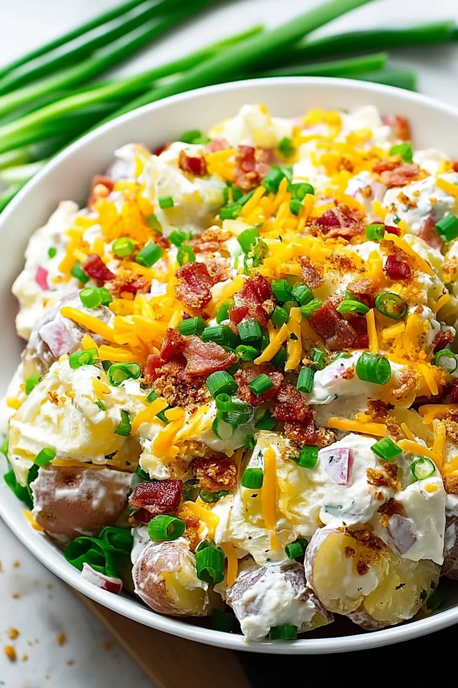 Close-up of a creamy potato mixture with bacon and green onions.