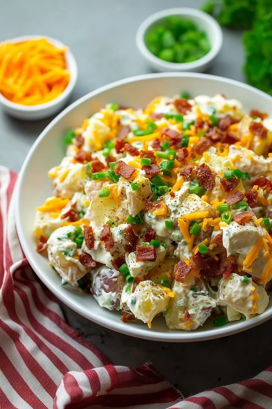 A serving bowl filled with a chunky, rich potato dish, ready to serve.