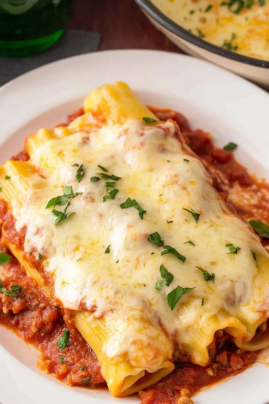 A serving of stuffed pasta on a white plate, topped with herbs and grated cheese.