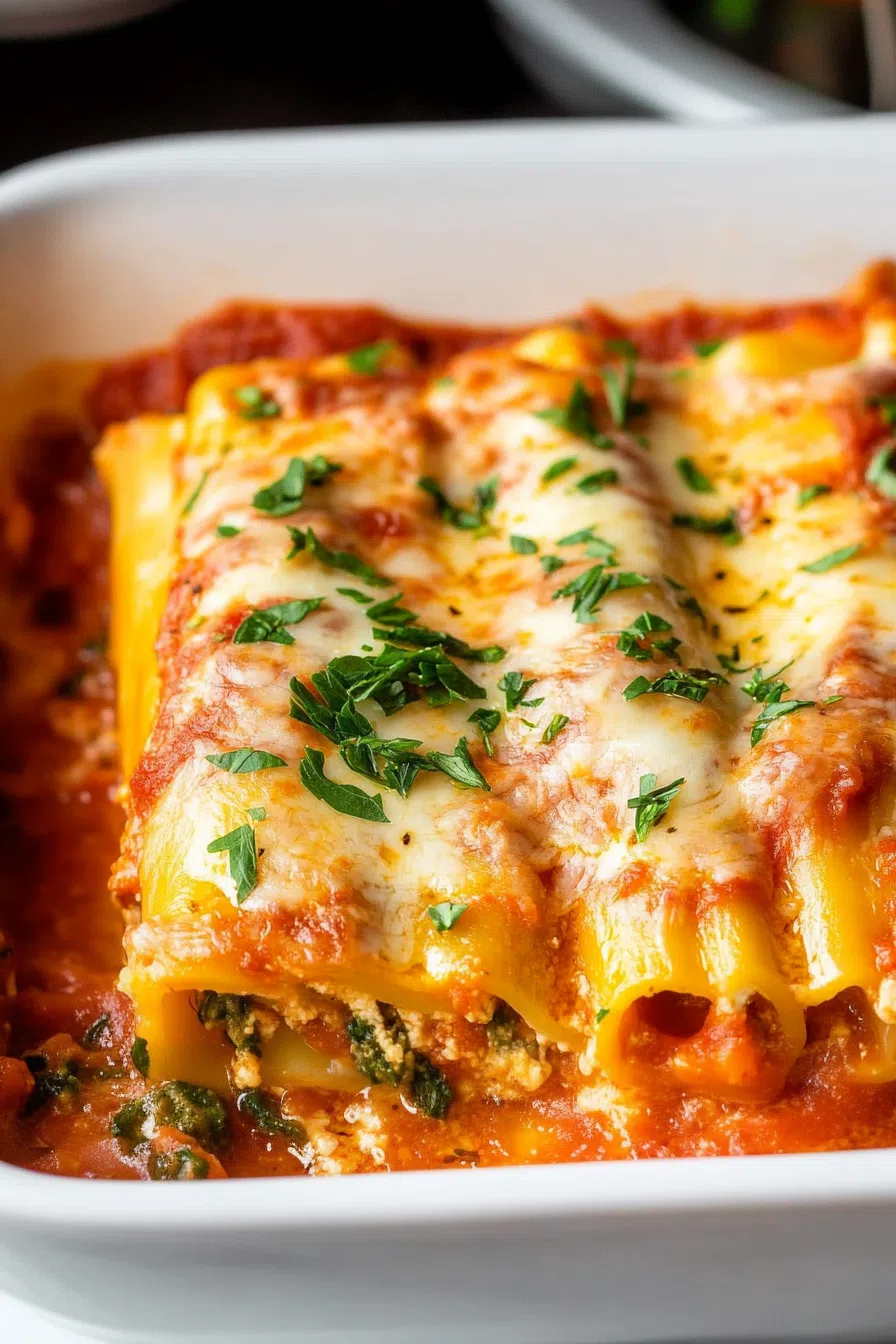 Cheesy pasta rolls baked in marinara sauce and topped with fresh basil.