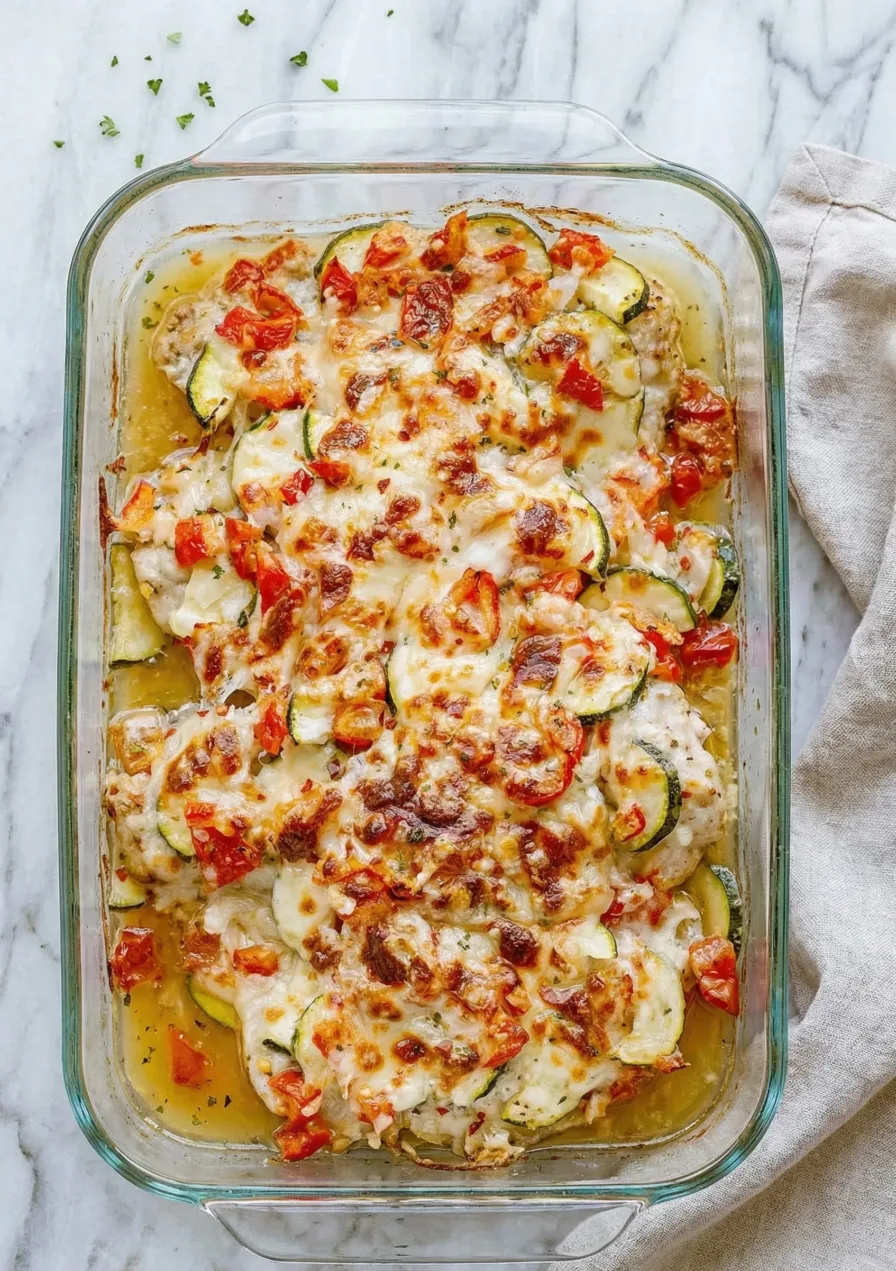 aked Mediterranean Chicken Zucchini Bake with melted cheese and roasted vegetables