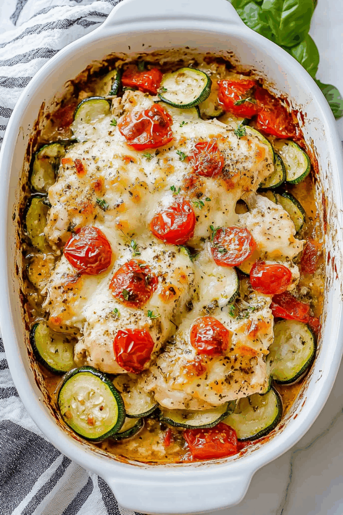 A casserole dish filled with golden-baked vegetables and tender meat chunks.