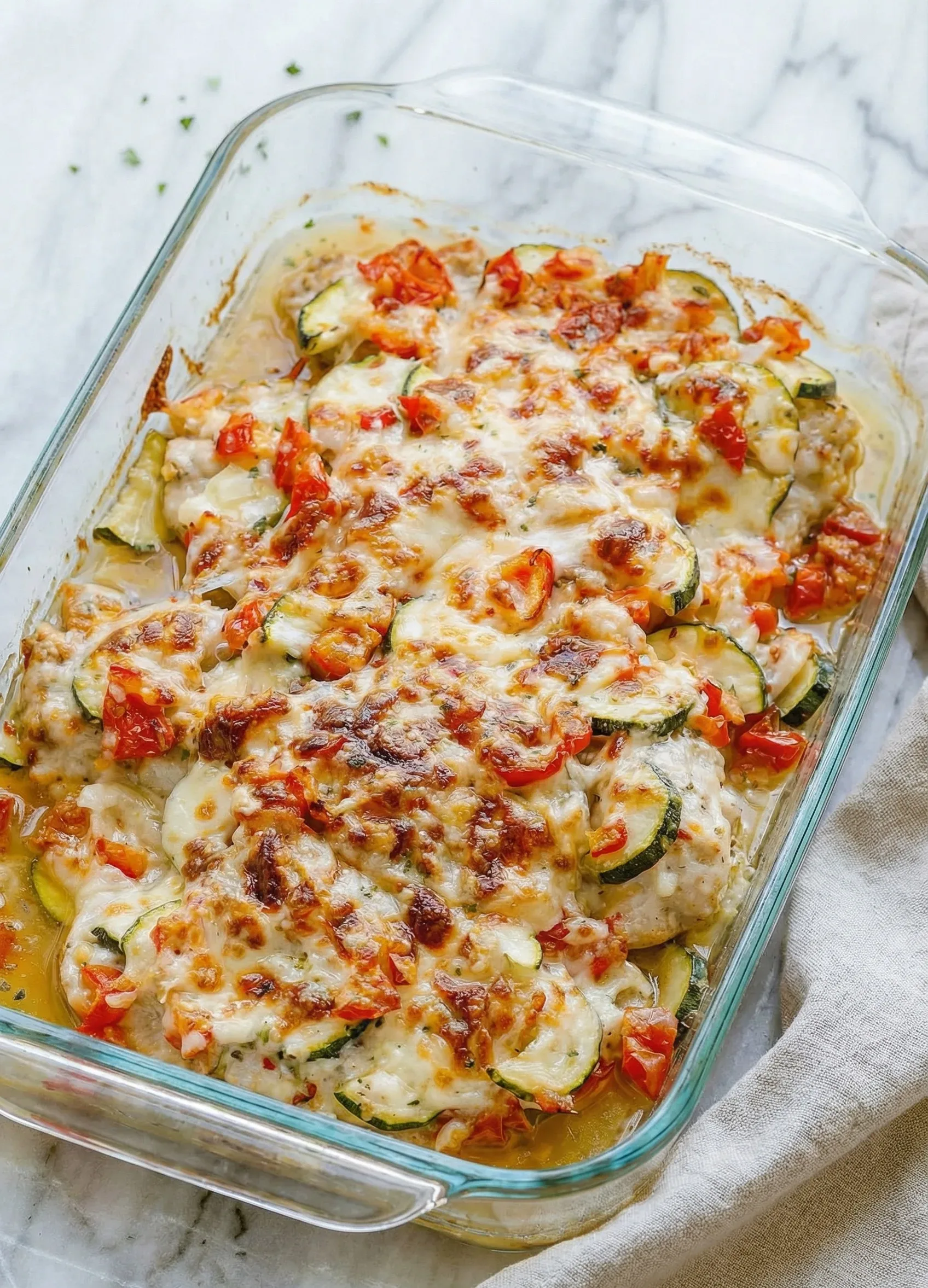 Cheesy chicken and zucchini casserole fresh out of the oven in a glass dish