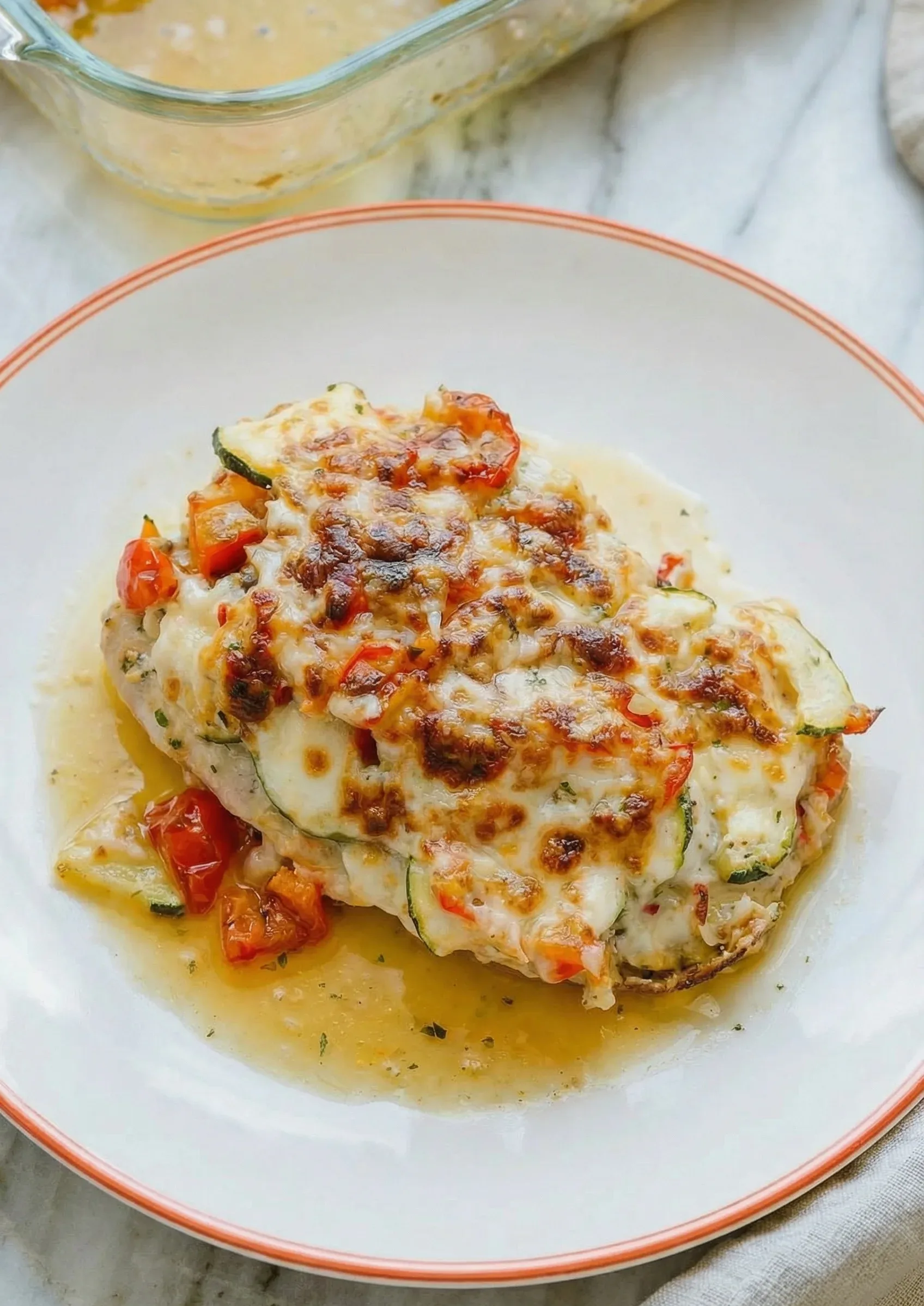 Served portion of Mediterranean Chicken Zucchini Bake with zucchini and tomatoes
