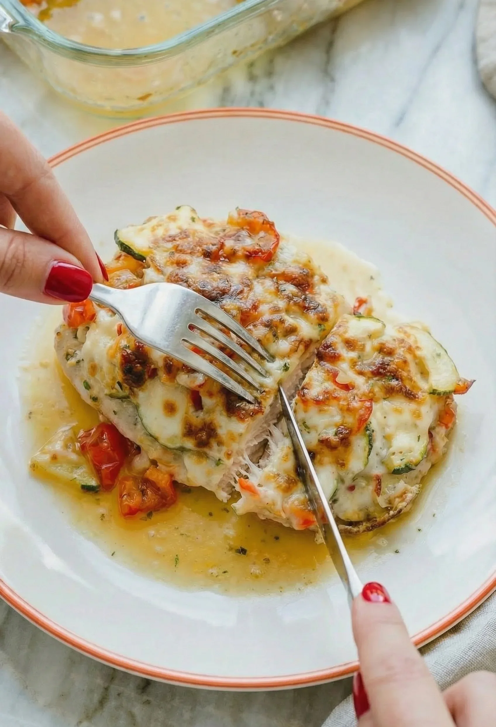 Fork and knife cutting into cheesy baked chicken with zucchini and tomatoes