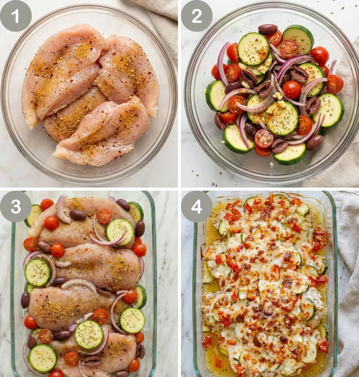 Mediterranean Chicken Zucchini Bake step by step from seasoning the chicken to baking until golden