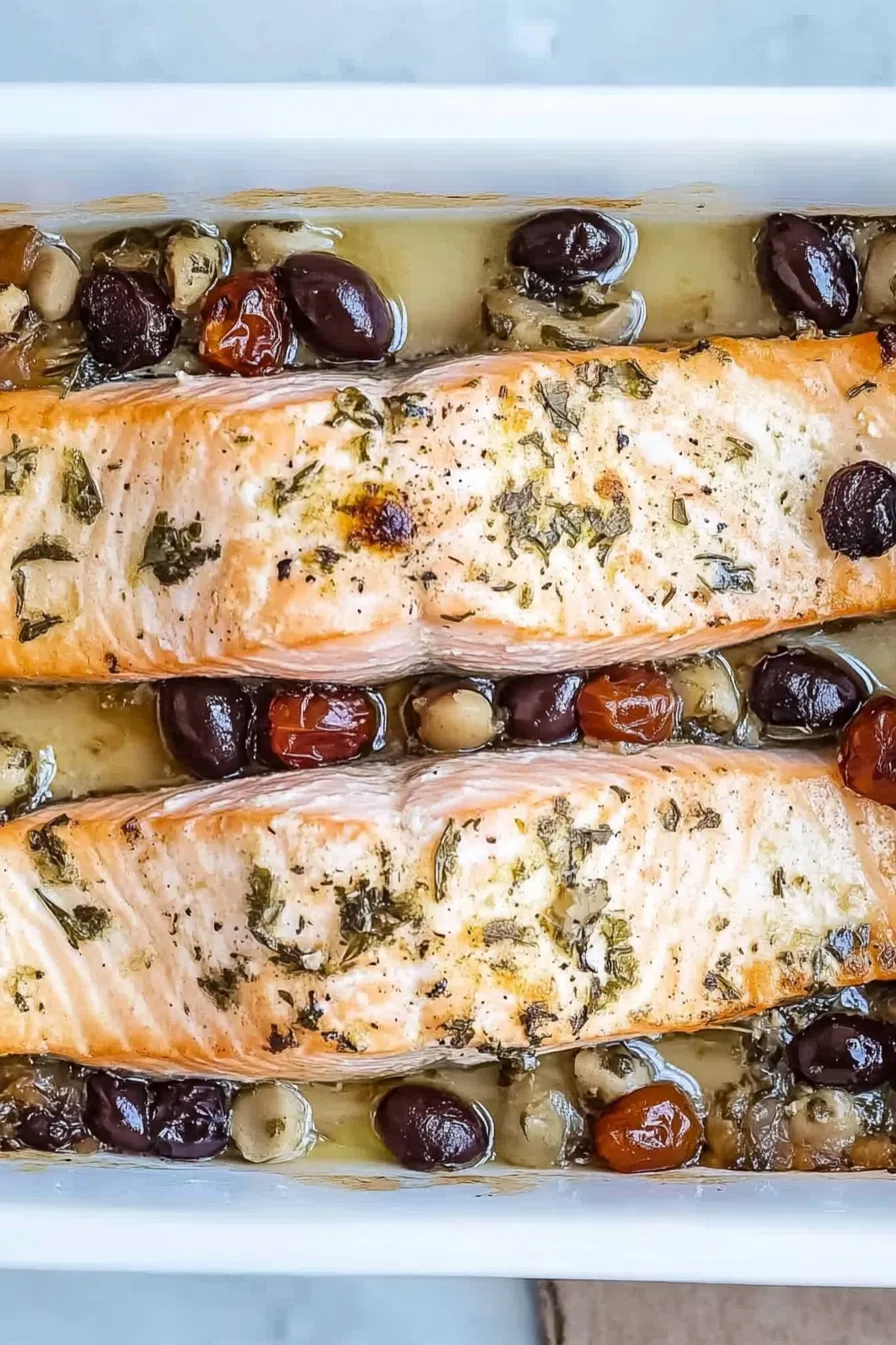 Garnished seafood dish served with lemon wedges and fresh herbs.