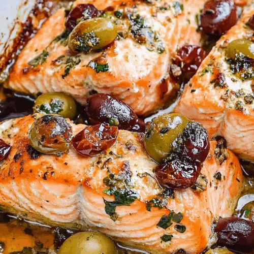 Baked fish fillet surrounded by colorful roasted vegetables in a ceramic dish.