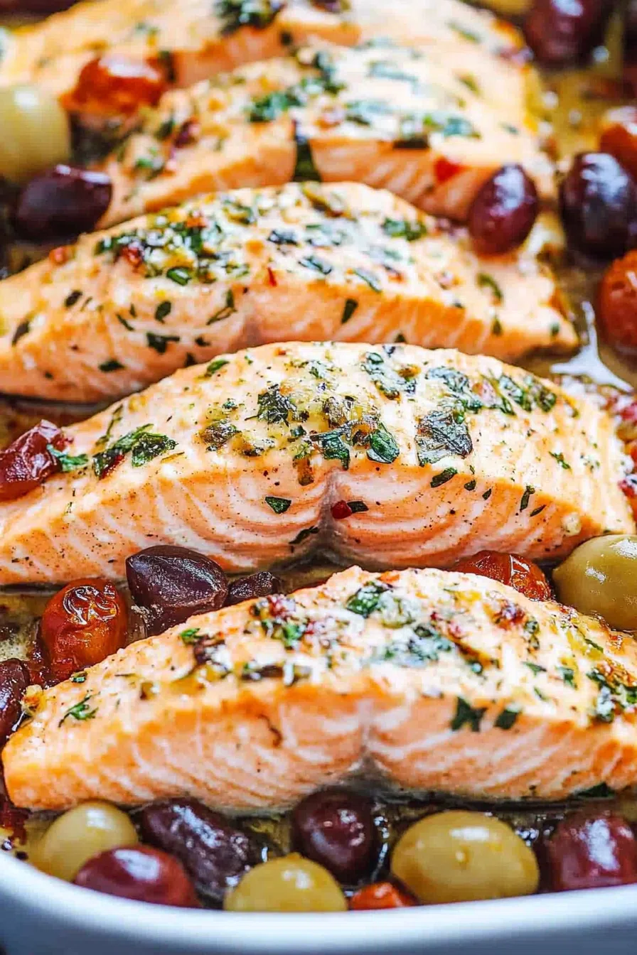 Close-up of flaky salmon with golden edges, nestled in Mediterranean toppings.