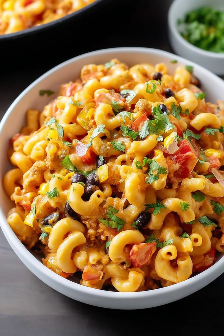Serving of creamy pasta on a plate with a garnish of fresh cilantro.