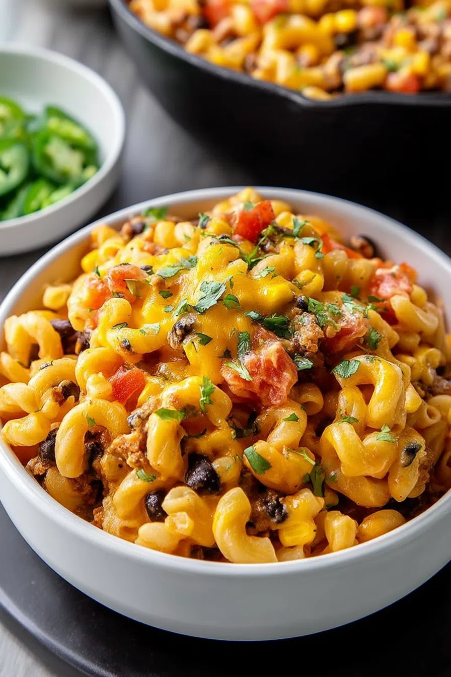 Side view of a cheesy pasta bake with a crispy topping.