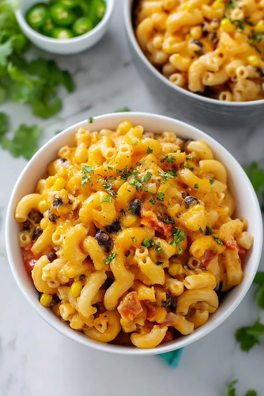 Overhead shot of a baked pasta casserole with melted cheese and herbs.