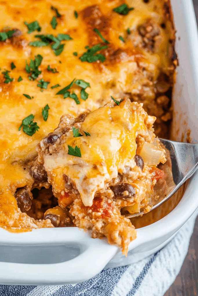 Overhead shot of a creamy, baked dinner dish garnished with fresh herbs.