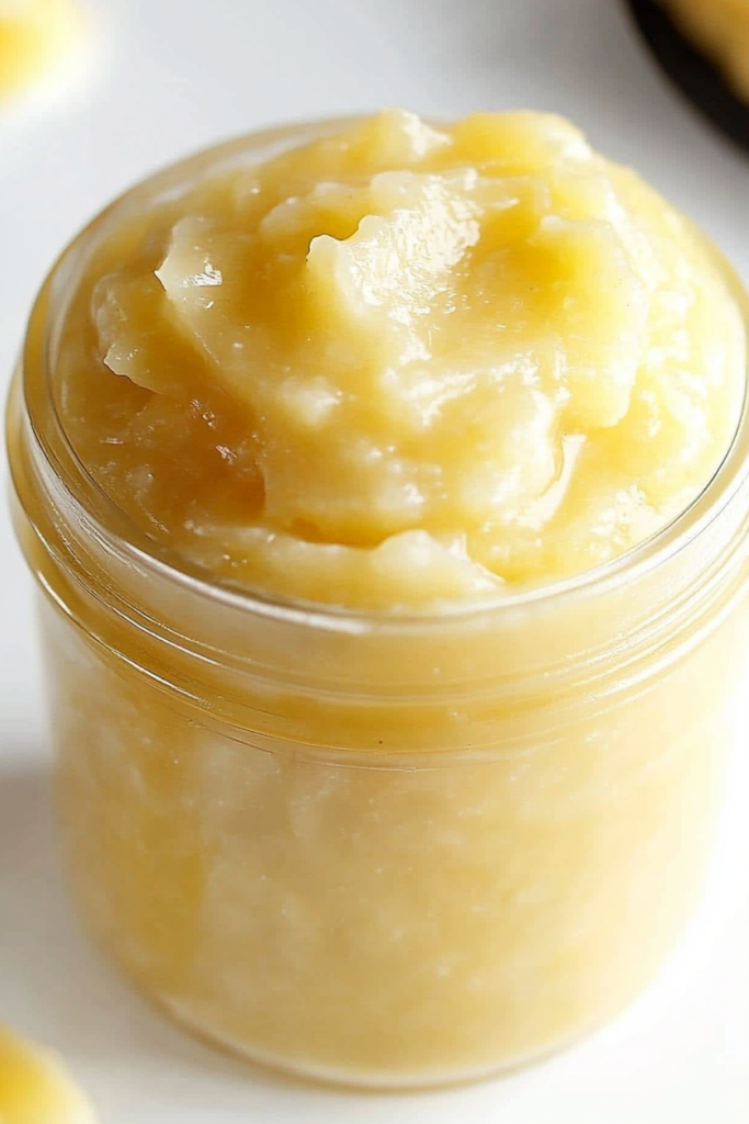 Glass jar filled with smooth yellow fruit spread.