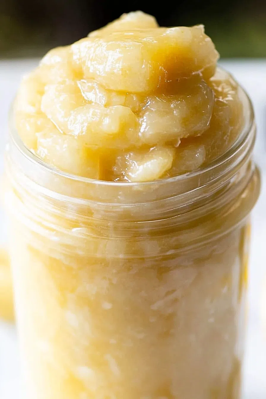 Close-up of a jar filled with a golden, fruity spread.