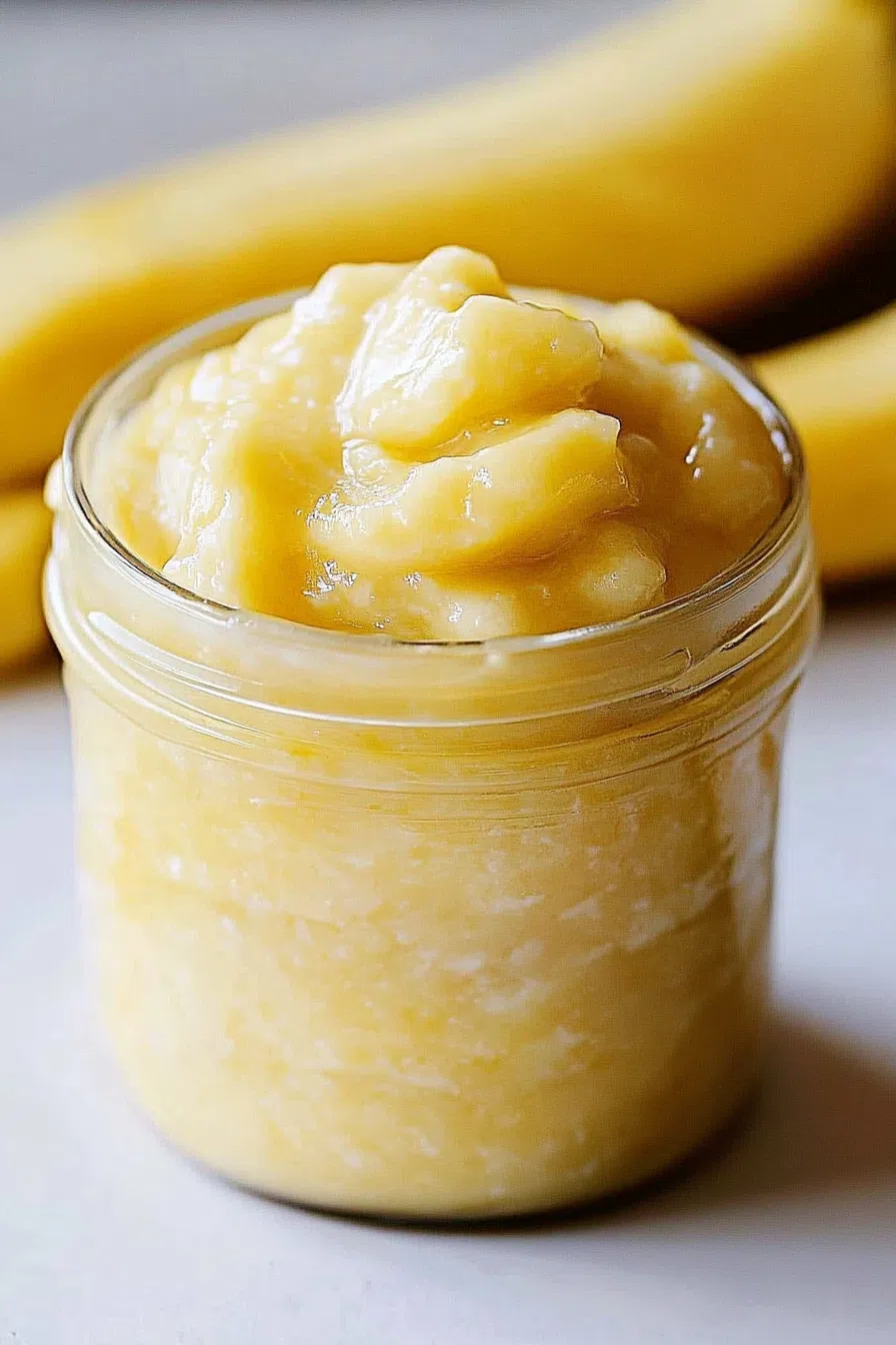 Small glass jar filled with a golden fruit spread, placed on a marble surface.