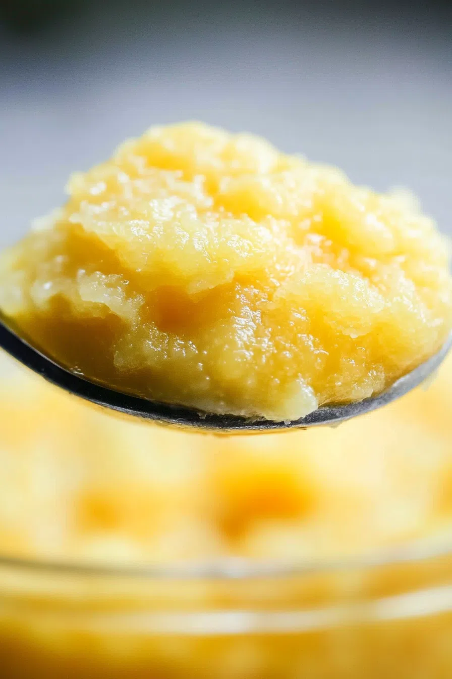 Spoon scooping creamy spread from a mason jar with pineapple pieces visible.