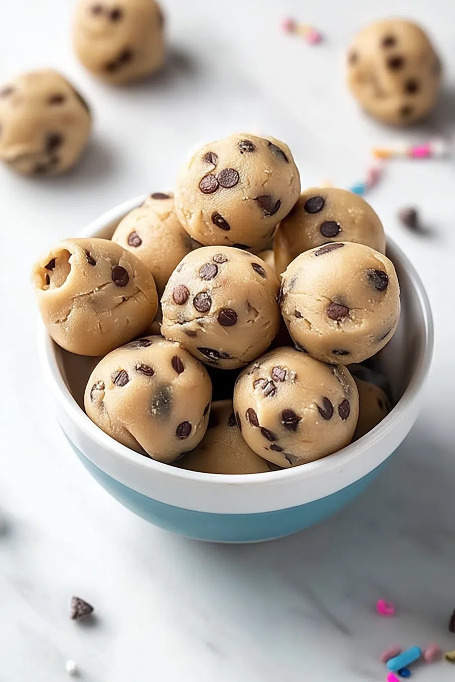 Close-up of bite-sized dessert balls with a smooth texture.