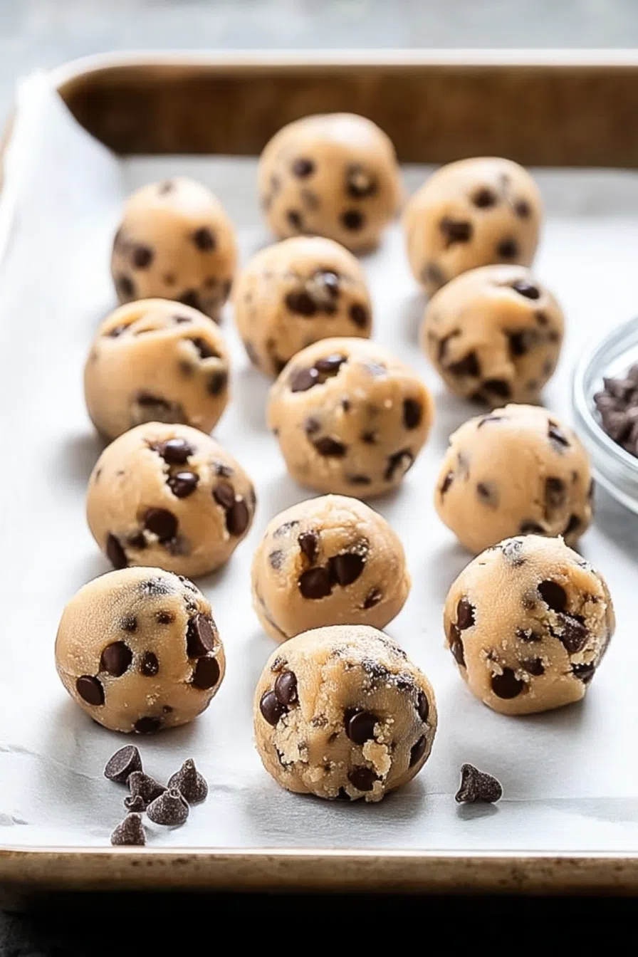 Overhead shot of cookie dough bites arranged in a circular pattern.