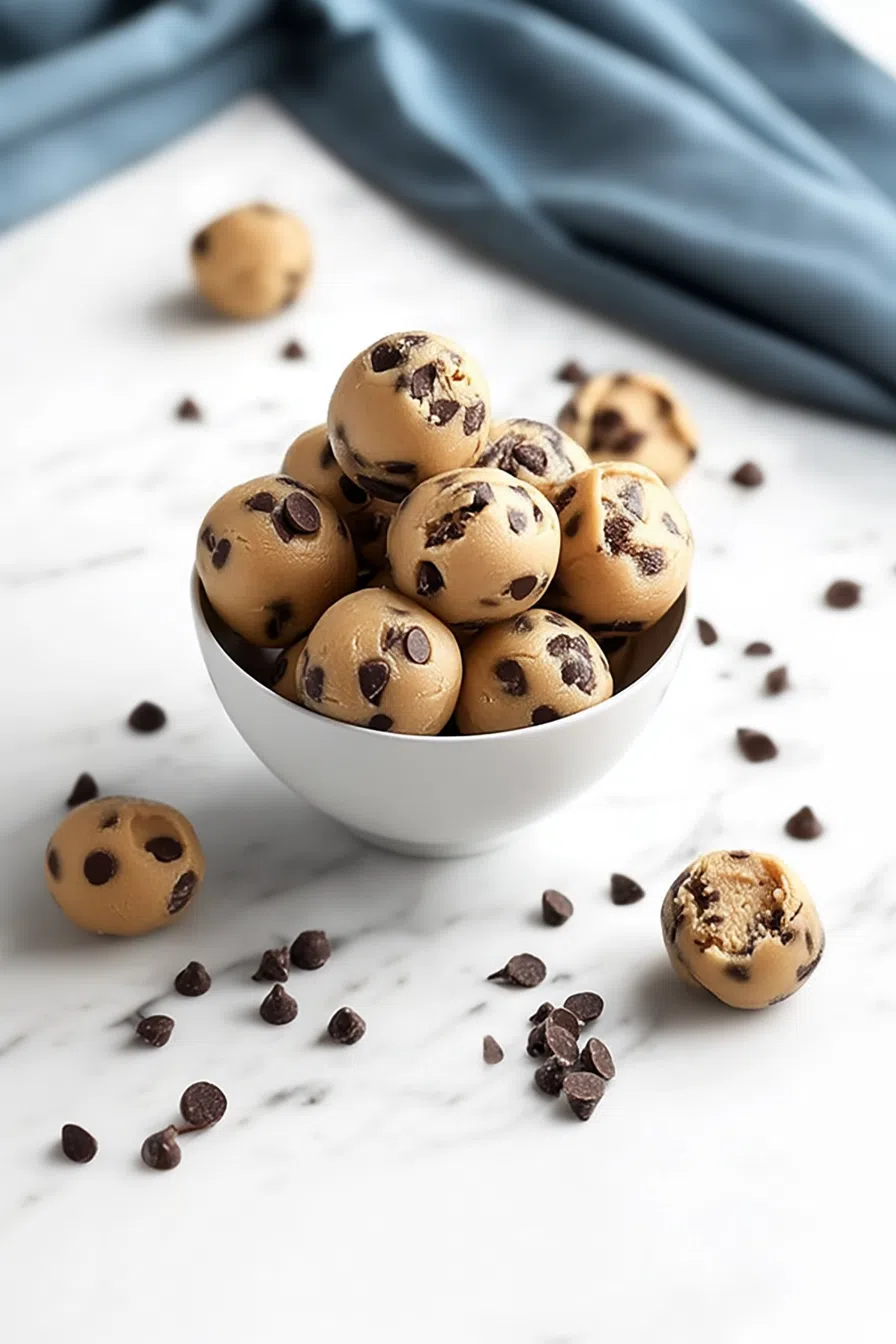 Stack of no-bake bites with a few scattered chocolate chips around.