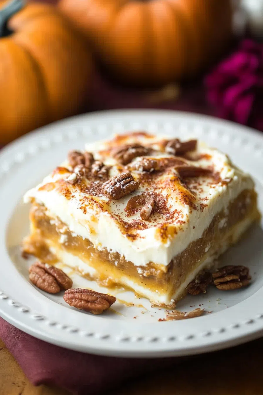 Side view of the full dessert with distinct layers of filling and crust.