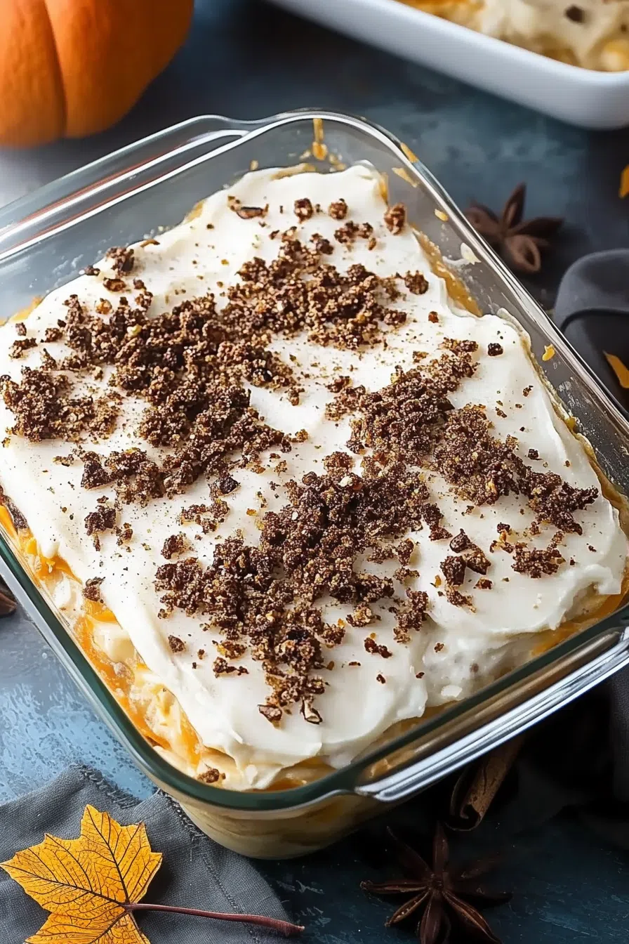 A layered dessert with whipped topping and crushed pecans in a glass dish.