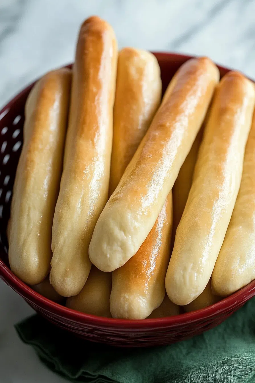 Soft homemade breadsticks with a light golden crust.