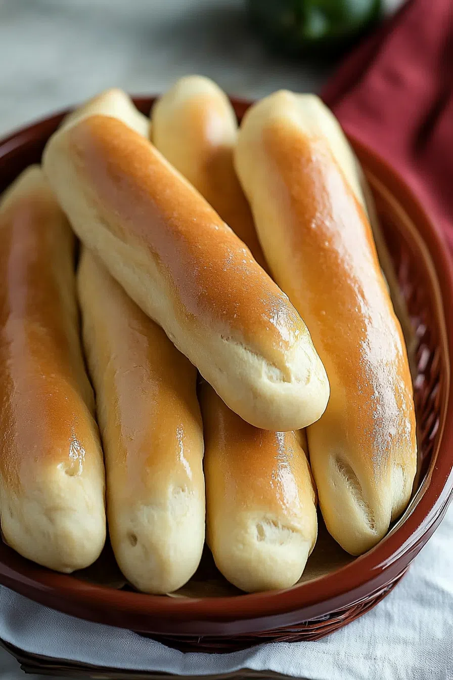 Basket of warm, soft breadsticks ready to serve.