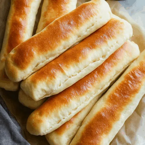 Freshly baked golden breadsticks brushed with melted butter.