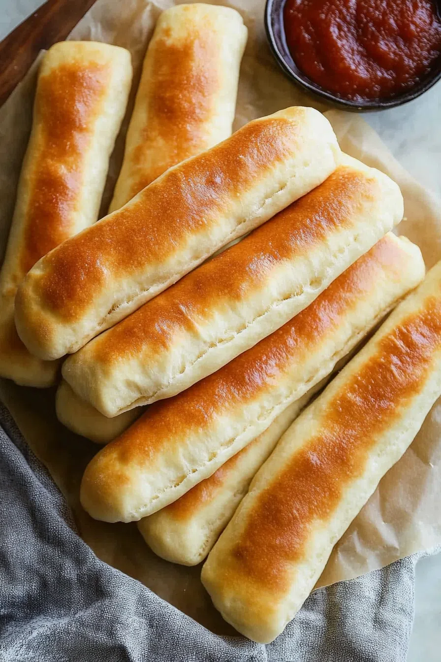 Freshly baked golden breadsticks brushed with melted butter.