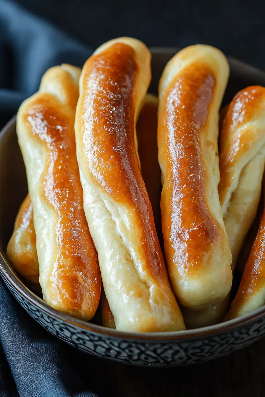 Close-up of fluffy breadsticks sprinkled with garlic salt.