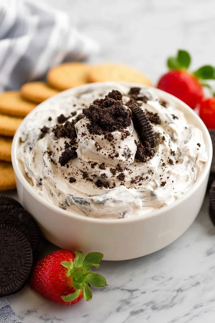 Decorative serving tray with sweet dip and assorted snacks for dipping.