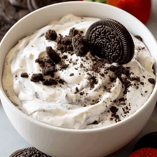 A cookie being dipped into a creamy dessert spread.