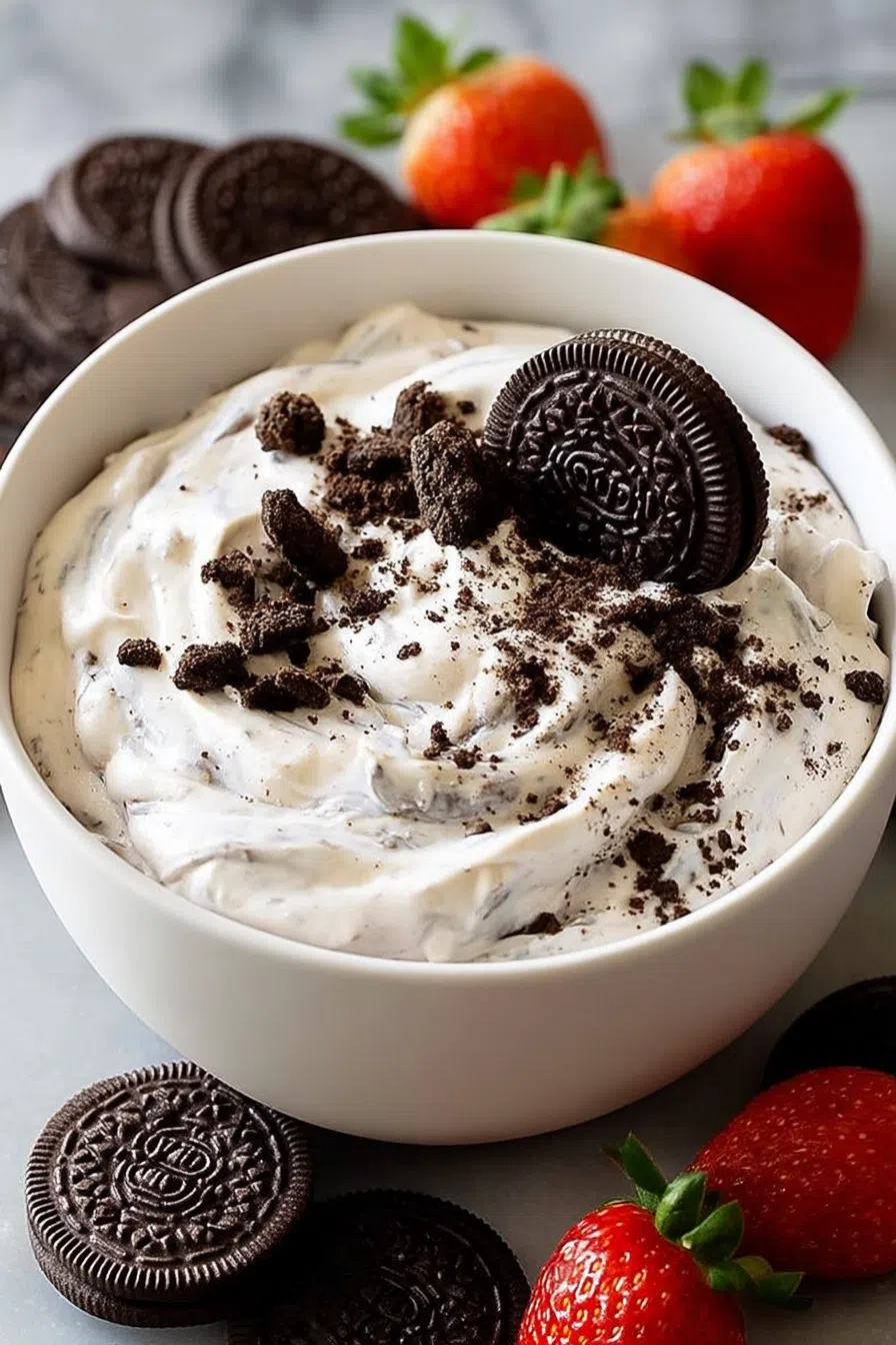 A cookie being dipped into a creamy dessert spread.