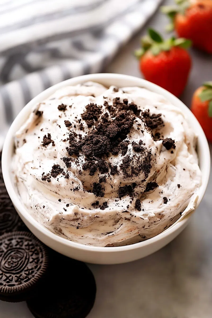Overhead shot of a dessert platter featuring a dark, speckled dip and dippers.