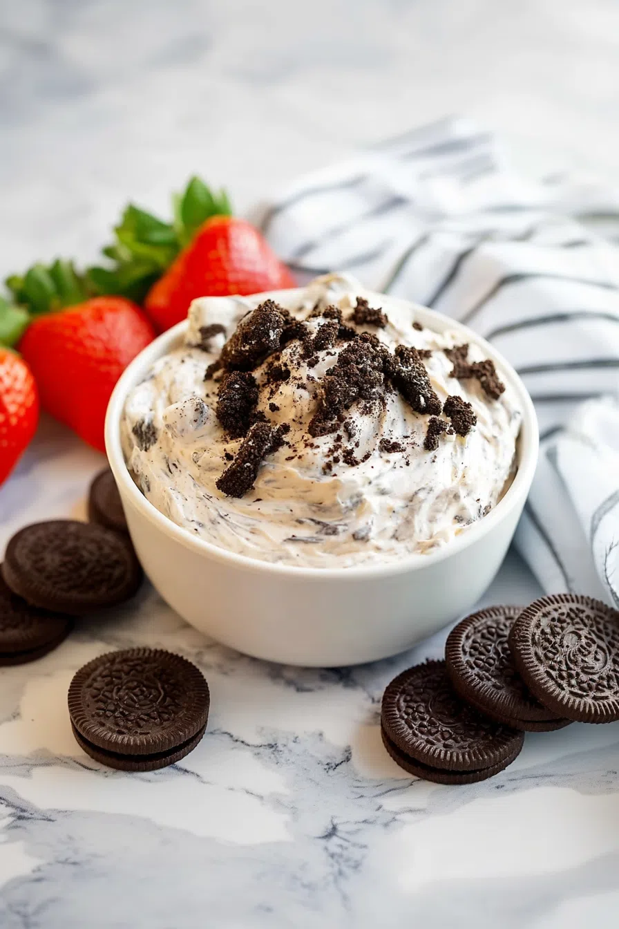 Creamy dessert dip in a white bowl surrounded by cookies and pretzels.