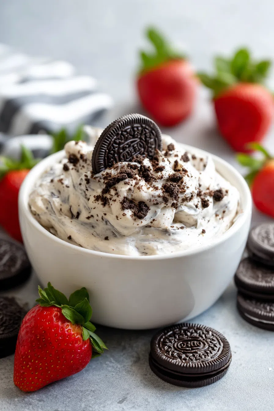 Dessert dip served in a white bowl with cookies arranged around the edge.