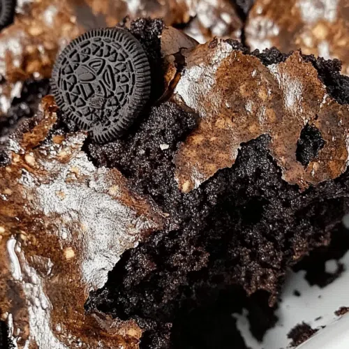 Close-up of a dark, gooey dessert topped with cookie crumbles and drizzle.