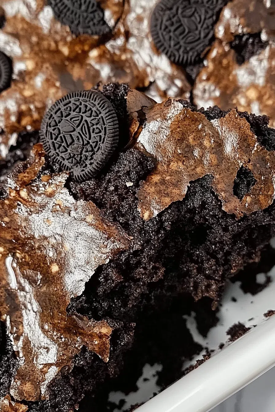 Close-up of a dark, gooey dessert topped with cookie crumbles and drizzle.