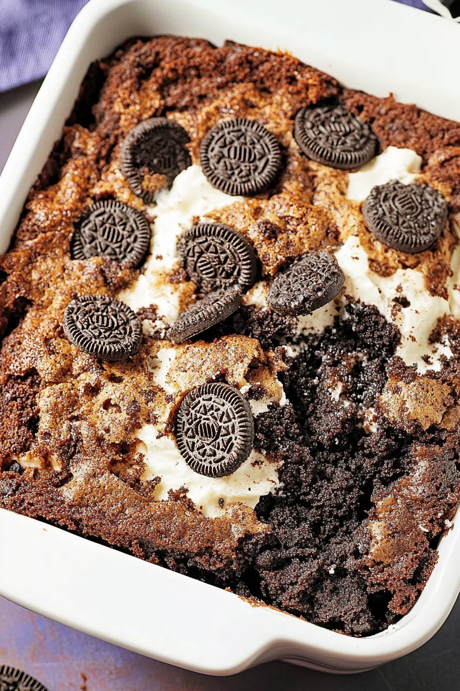 Rich chocolate dessert in a baking dish with crushed cookie topping.