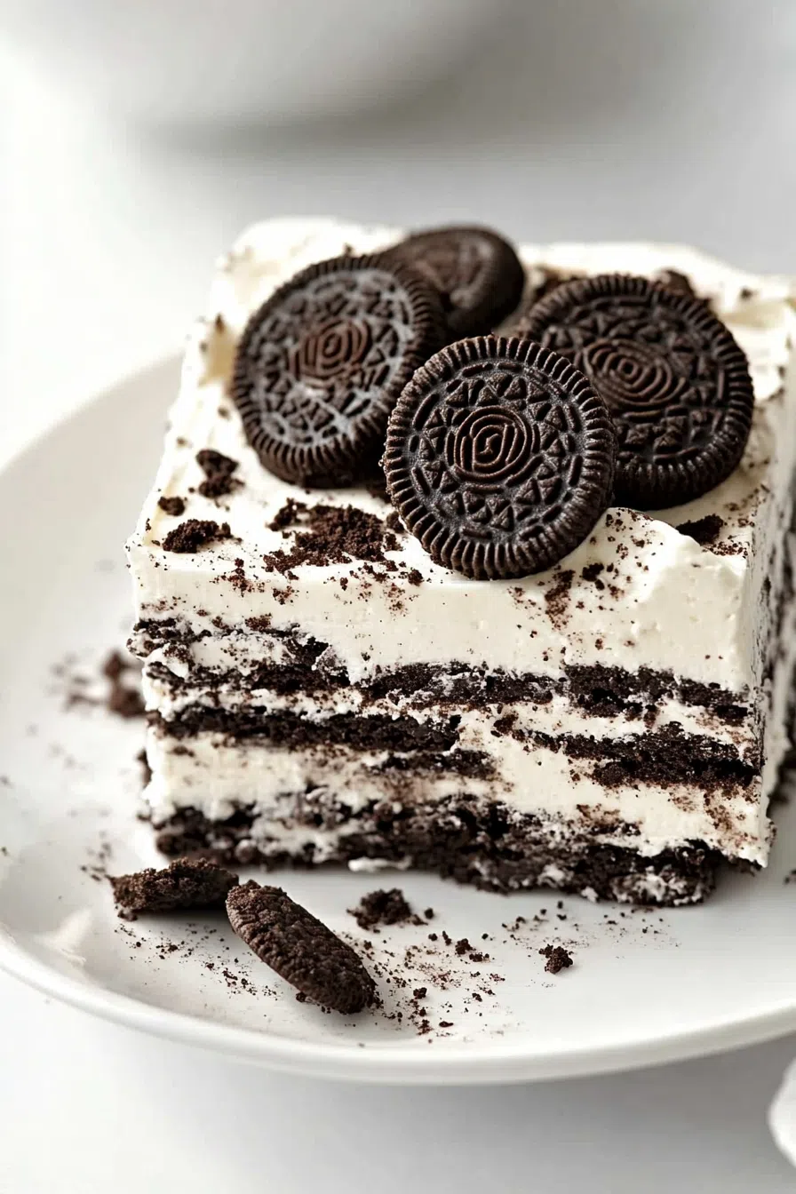 Close-up of a creamy, chocolatey no-bake treat served on a cake stand.